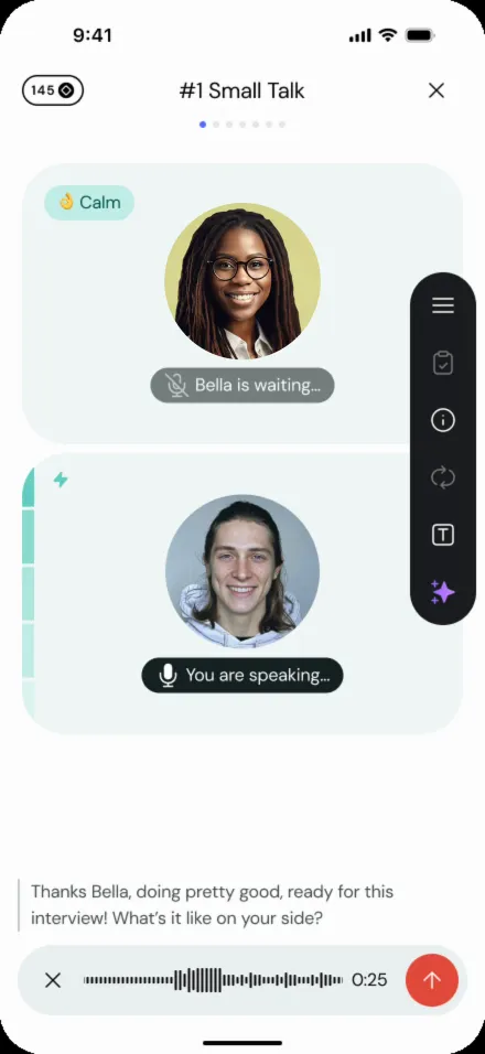 Duos live voice interview: the interviewer, your turn to speak, and the in-call toolbar