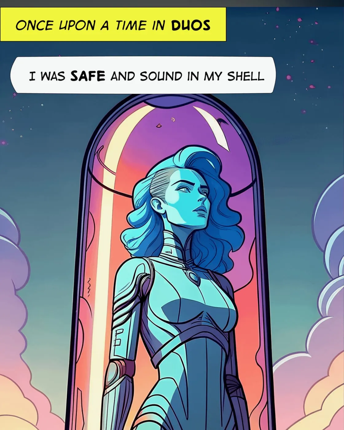 A comic panel: Mantra, the career genie, a blue-haired woman standing in a glass capsule, under the words "Once upon a time in Duos" and "I was safe and sound in my shell"