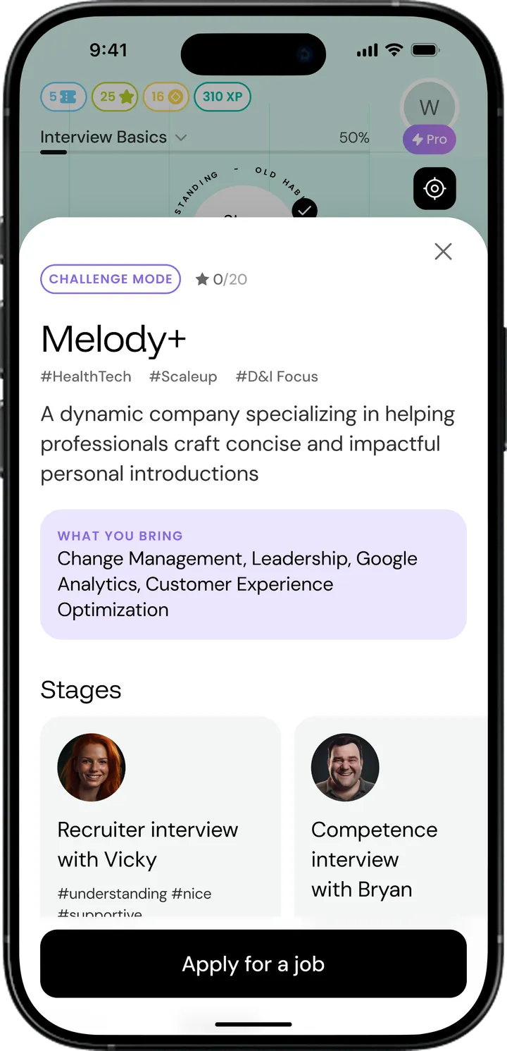 Duos app screen showing practice with an unexpected interview question