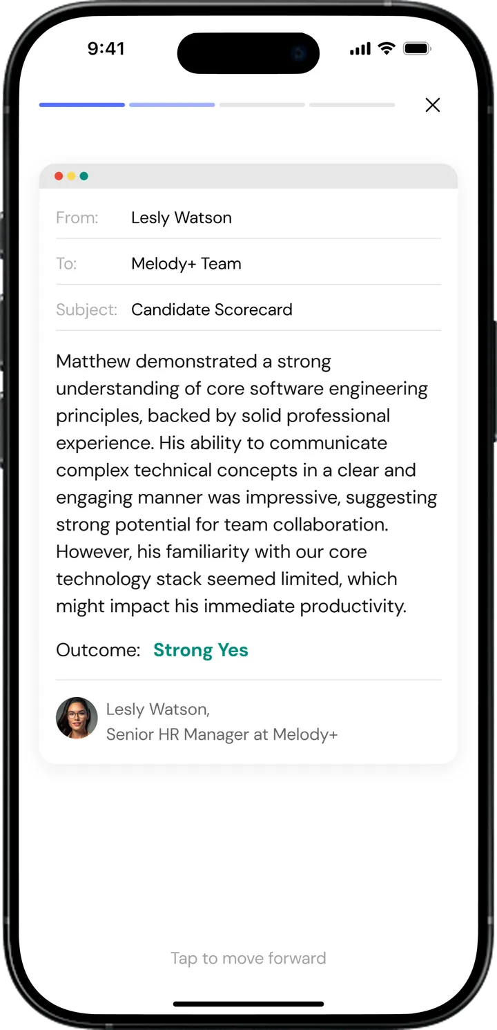 Duos app screen showing an AI feedback score breakdown