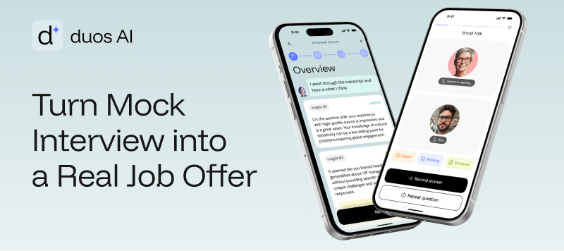 Duos AI promotional banner: Turn Mock Interview into a Real Job Offer